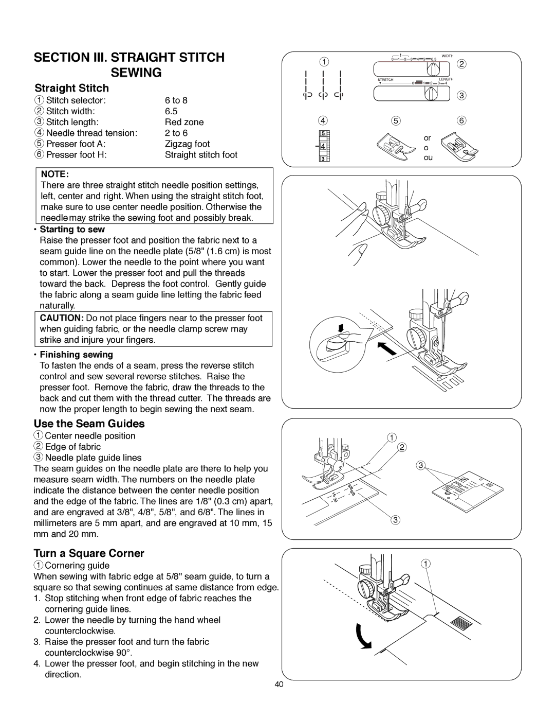 Janome MS-5027 Straight Stitch, Use the Seam Guides, Turn a Square Corner, Starting to sew, Finishing sewing 