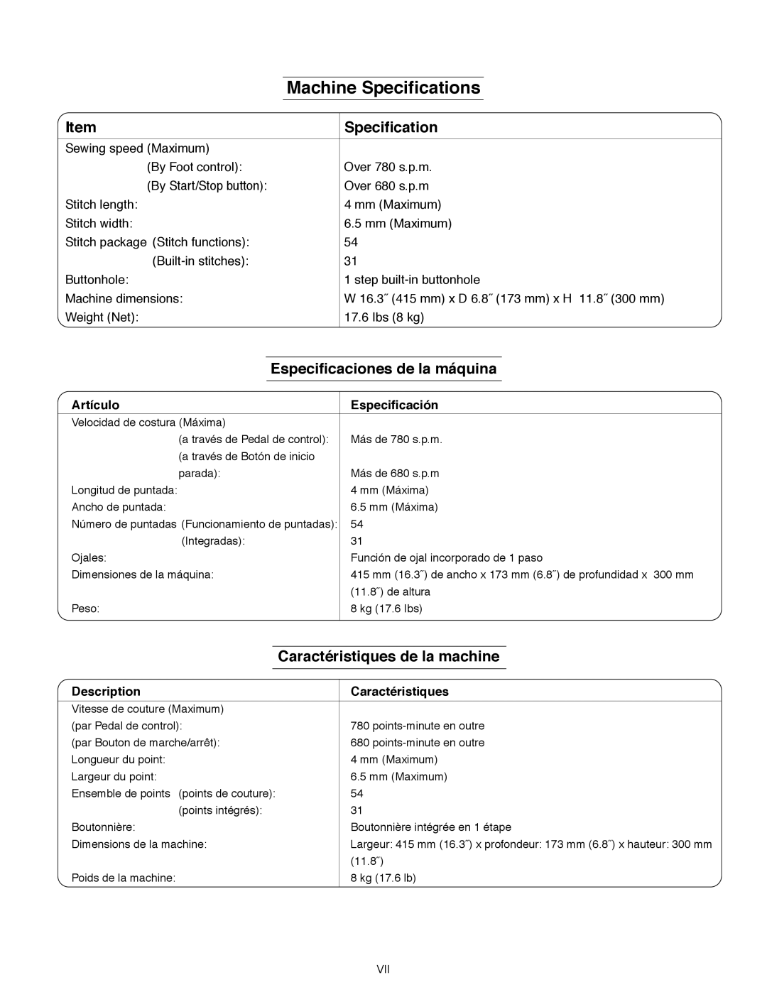 Janome MS-5027 Specification, Especificaciones de la máquina, Caractéristiques de la machine, Artículo Especificación 