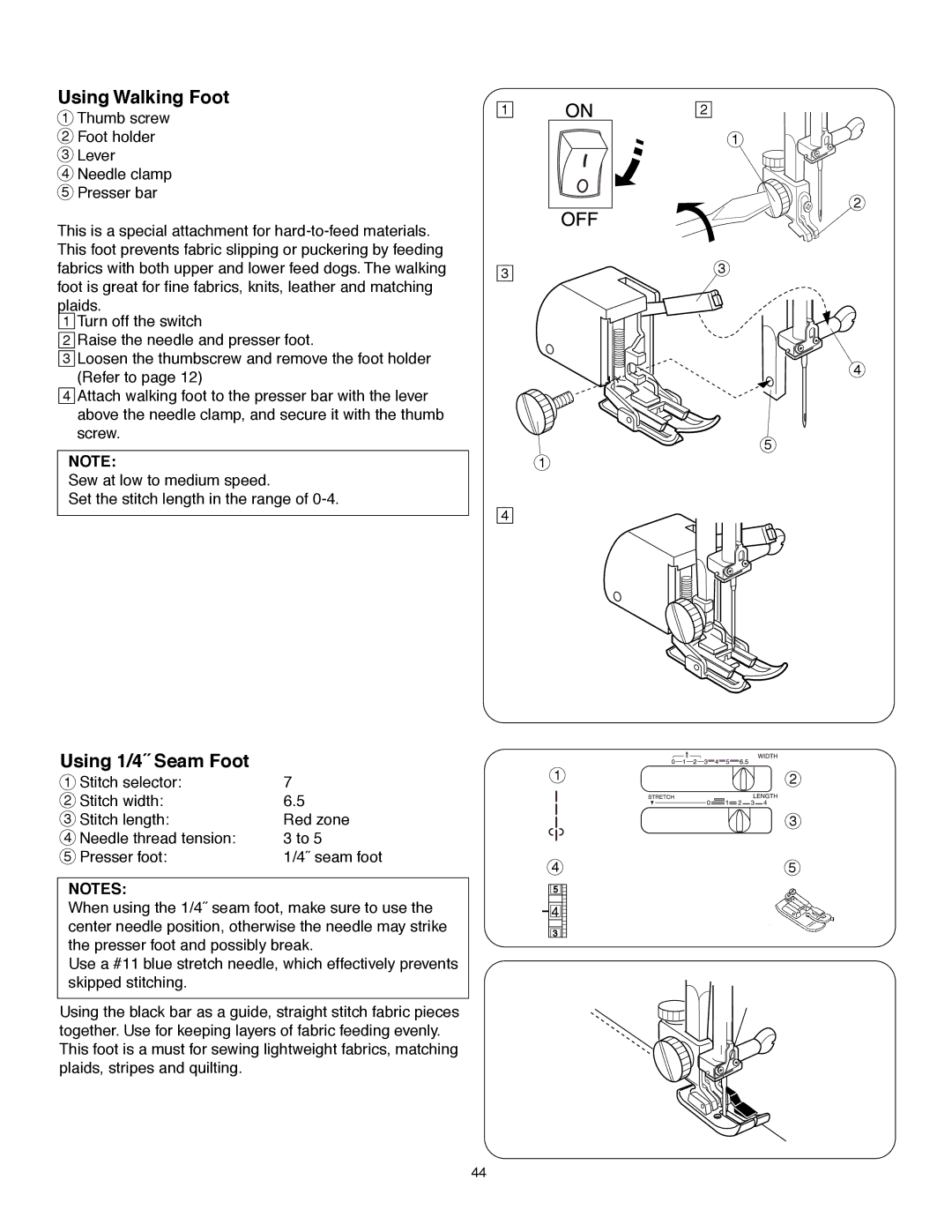 Janome MS-5027 instruction manual Using Walking Foot, Using 1/4ý Seam Foot 