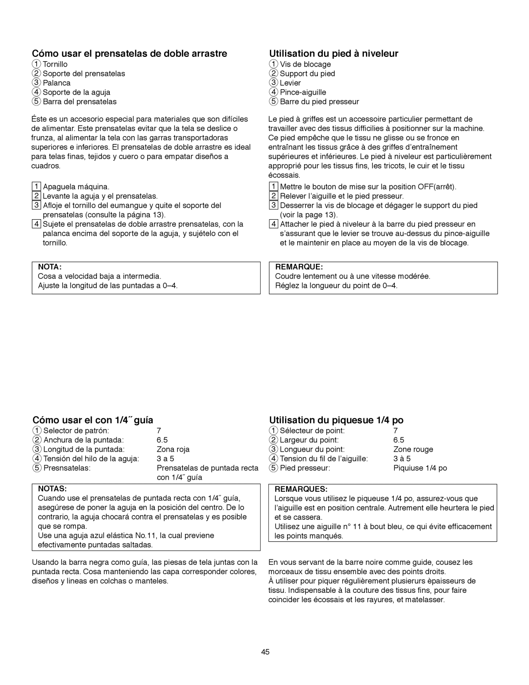 Janome MS-5027 Cómo usar el prensatelas de doble arrastre, Cómo usar el con 1/4ý guía, Utilisation du piquesue 1/4 po 