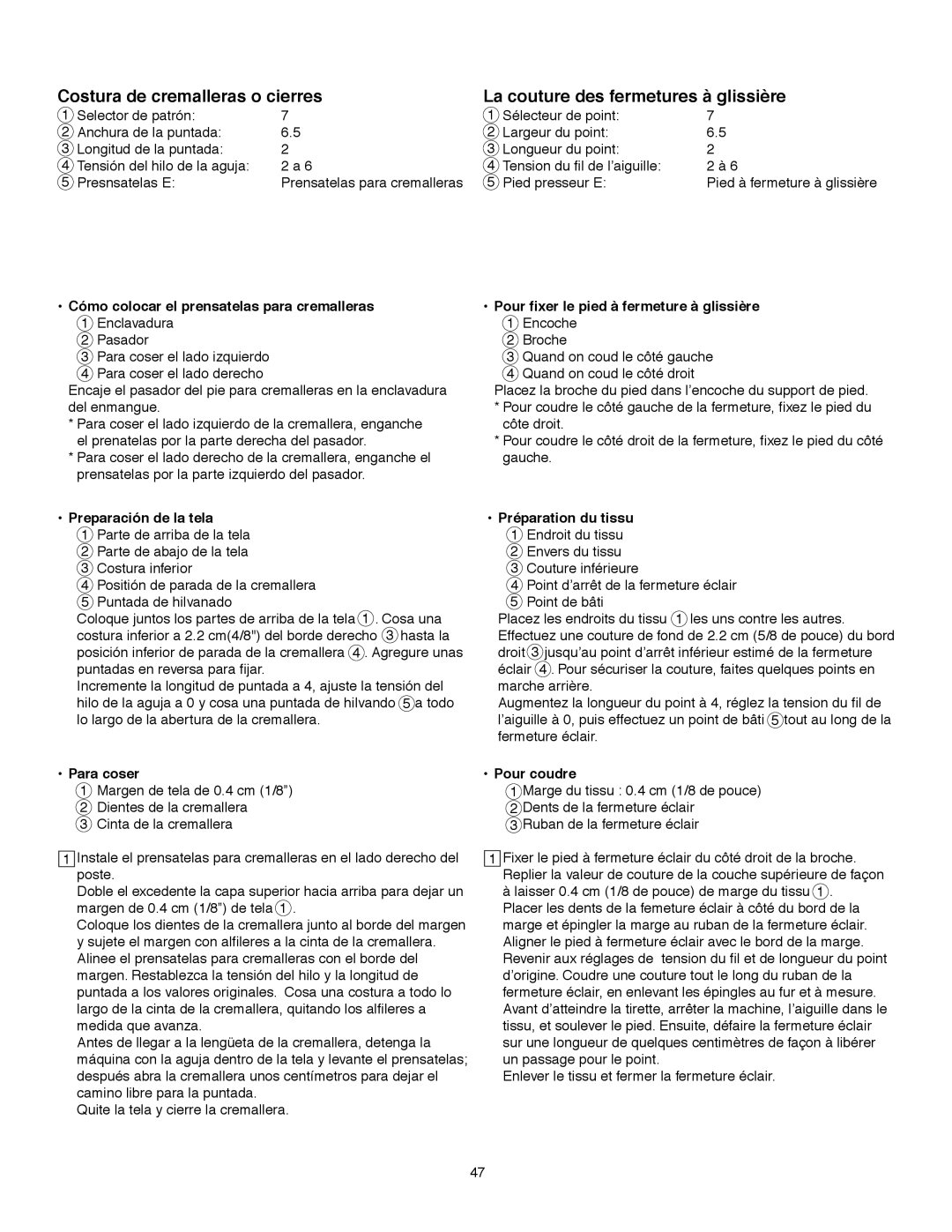 Janome MS-5027 instruction manual Costura de cremalleras o cierres, La couture des fermetures à glissière 