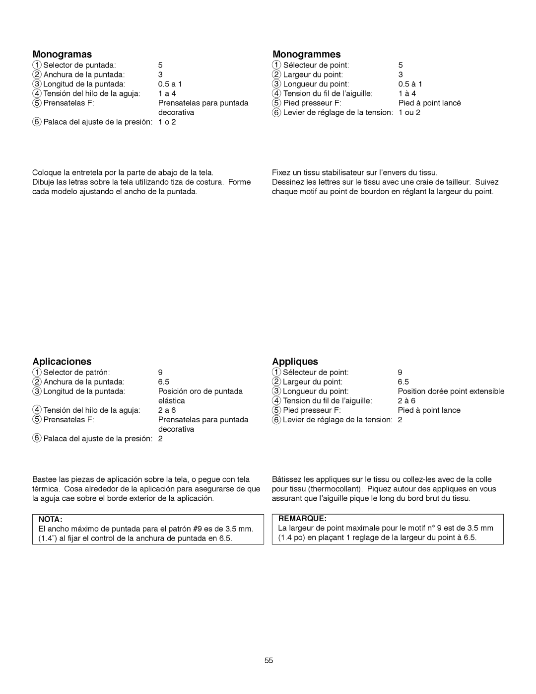 Janome MS-5027 instruction manual Monogramas, Aplicaciones, Monogrammes, Appliques 