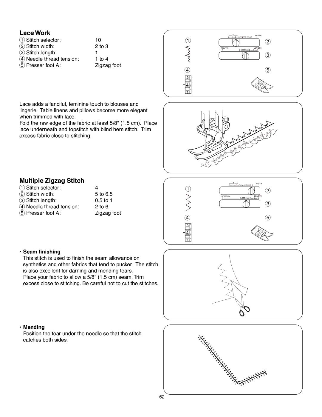 Janome MS-5027 instruction manual Lace Work, Multiple Zigzag Stitch, Seam finishing, Mending 