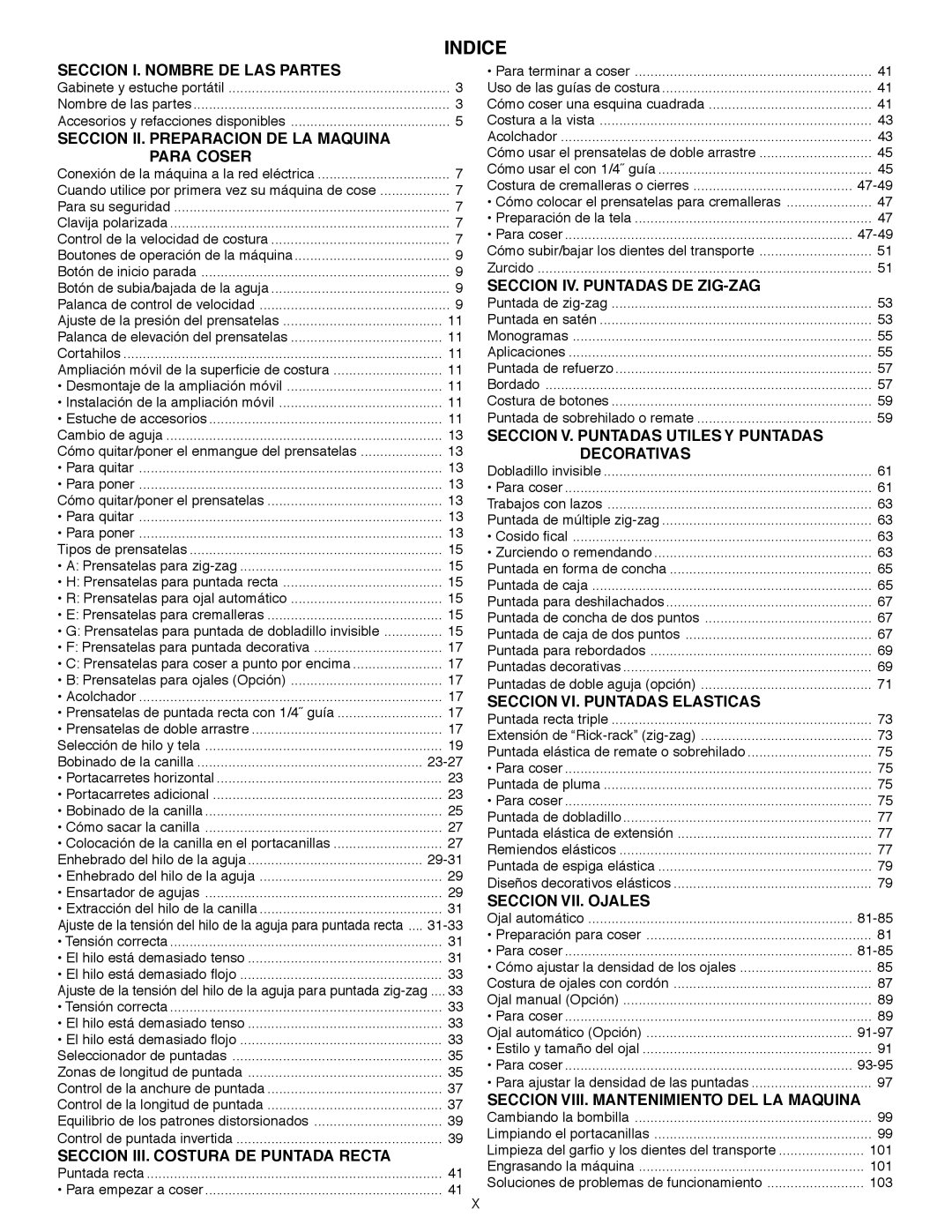 Janome MS-5027 instruction manual Indice 