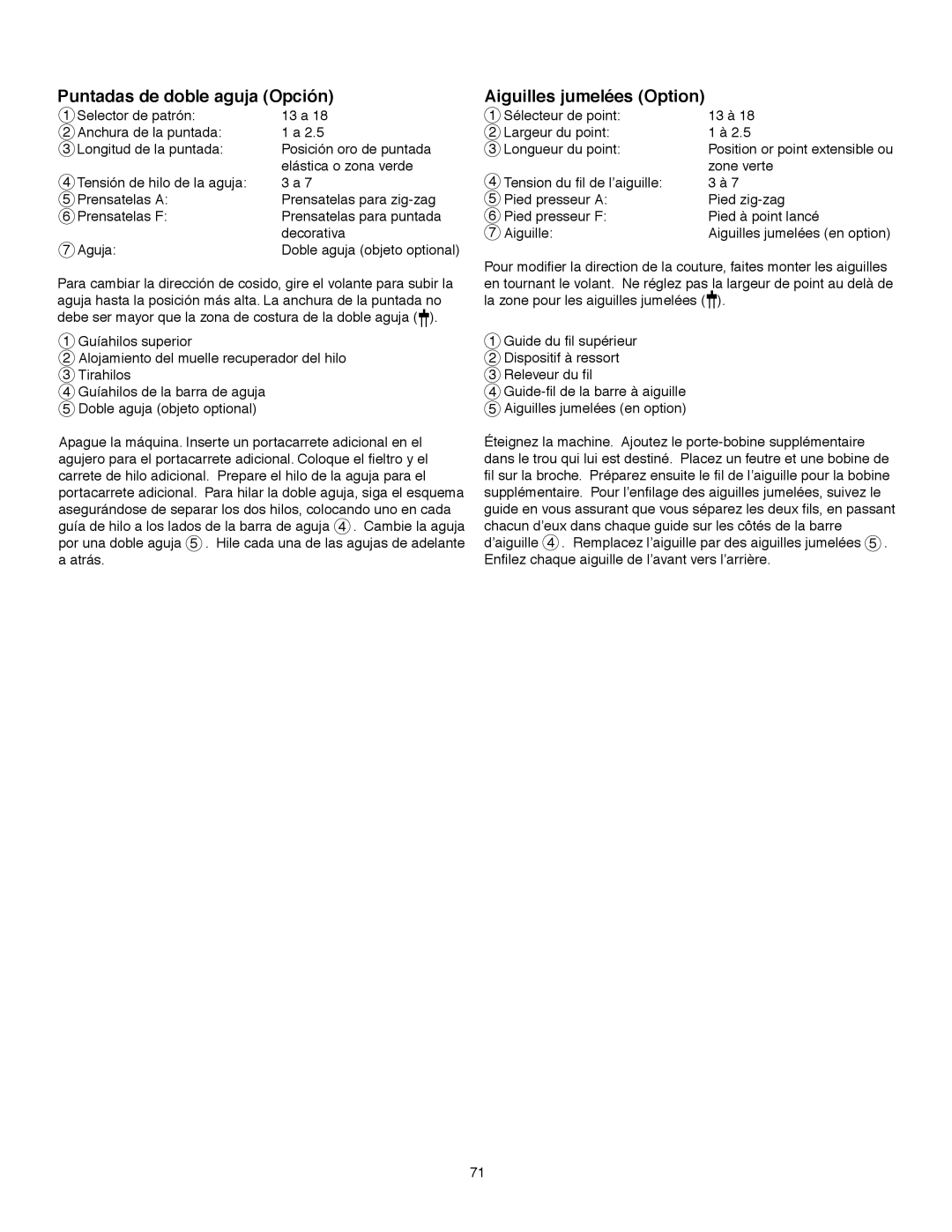 Janome MS-5027 instruction manual Puntadas de doble aguja Opción Aiguilles jumelées Option 