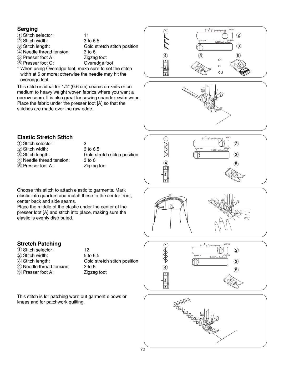 Janome MS-5027 instruction manual Serging, Elastic Stretch Stitch, Stretch Patching 