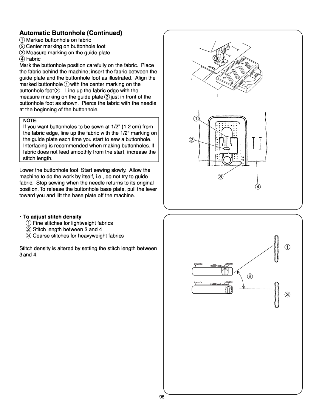 Janome MS-5027 instruction manual To adjust stitch density, Automatic Buttonhole Continued 