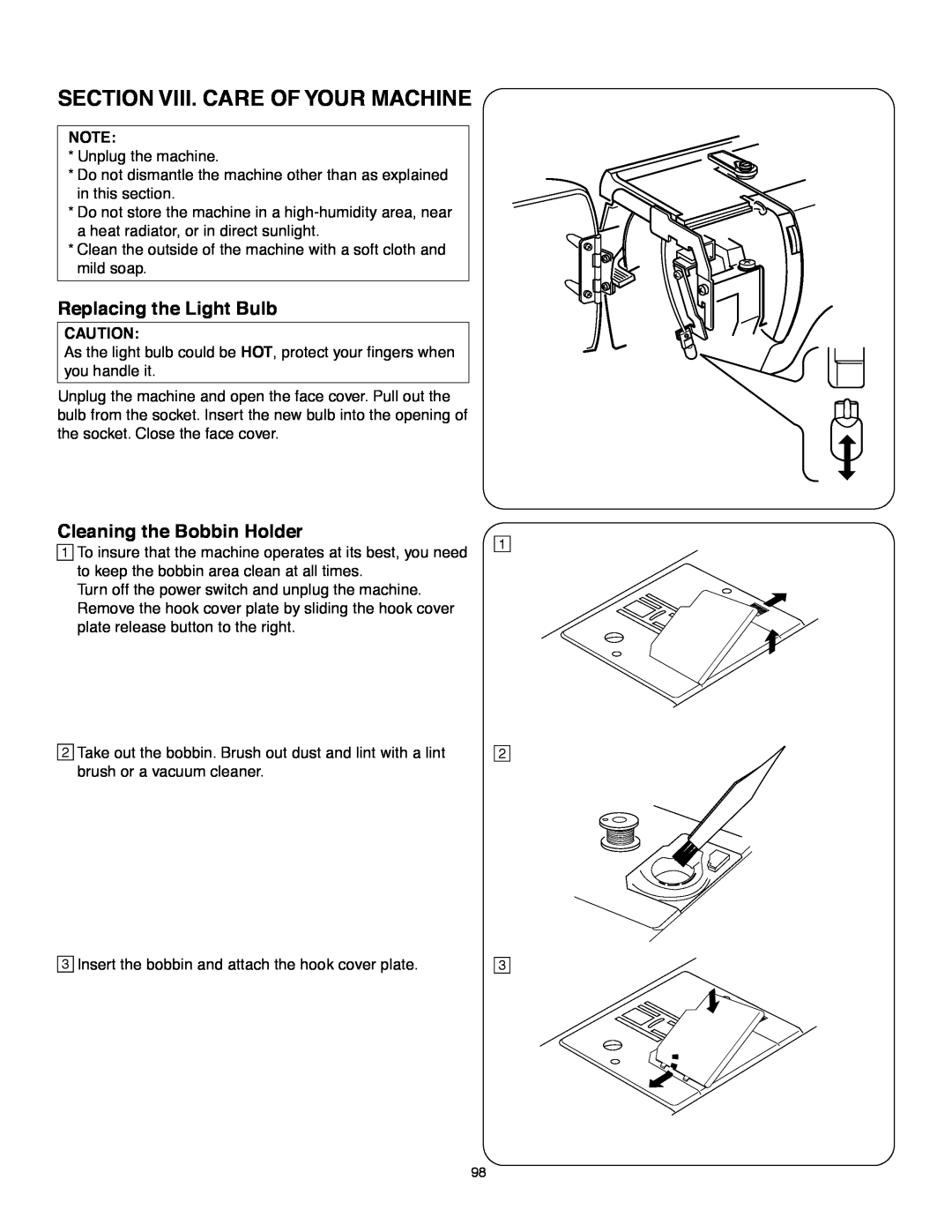 Janome MS-5027 instruction manual Section Viii. Care Of Your Machine, Replacing the Light Bulb, Cleaning the Bobbin Holder 