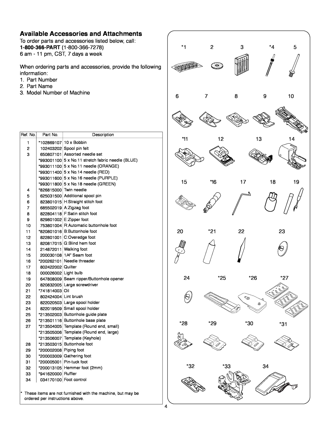 Janome MS-5027 Available Accessories and Attachments, To order parts and accessories listed below, call 1-800-366-PART 