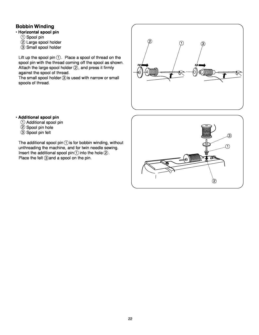 Janome MS-5027 instruction manual Bobbin Winding, Horizontal spool pin 1 Spool pin 