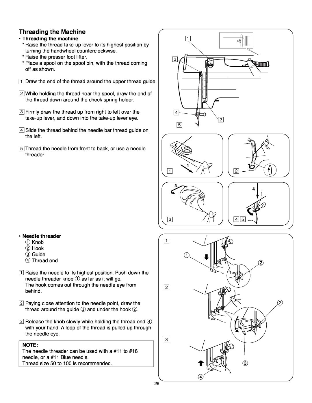 Janome MS-5027 instruction manual Threading the Machine, Threading the machine, Needle threader q Knob 
