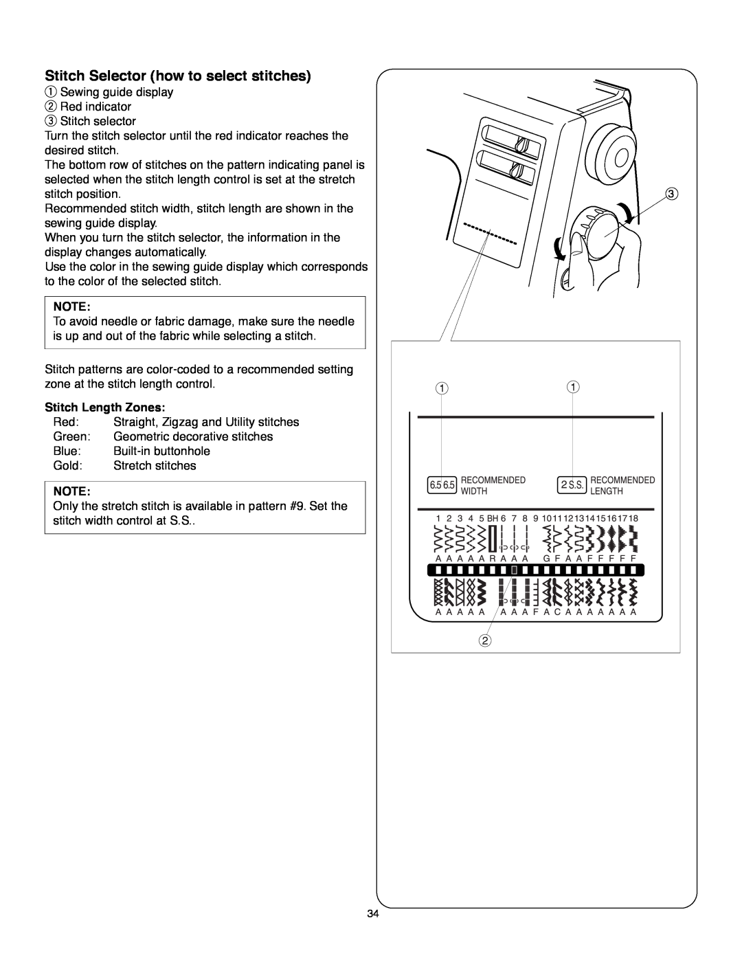 Janome MS-5027 instruction manual Stitch Selector how to select stitches, Stitch Length Zones 