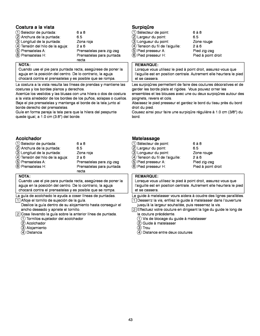 Janome MS-5027 instruction manual Costura a la vista, Acolchador, Surpiqûre, Matelassage, Nota, Remarque 