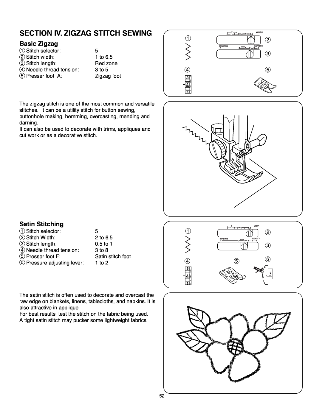 Janome MS-5027 instruction manual Section Iv. Zigzag Stitch Sewing, Basic Zigzag, Satin Stitching 