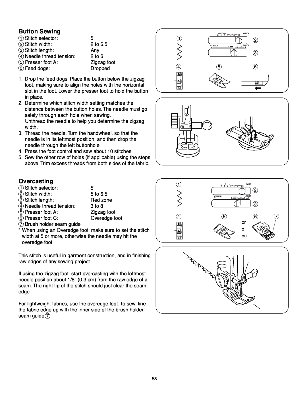 Janome MS-5027 instruction manual Button Sewing, Overcasting 
