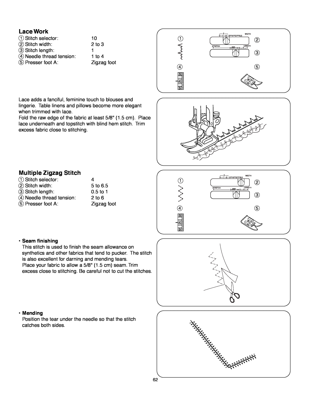 Janome MS-5027 instruction manual Lace Work, Multiple Zigzag Stitch, Seam finishing, Mending 