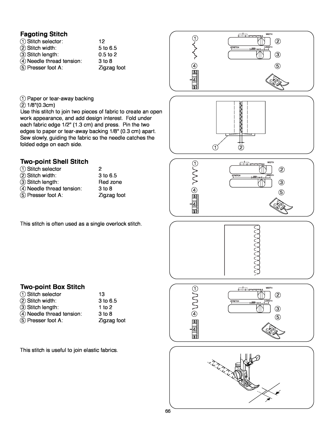 Janome MS-5027 instruction manual Fagoting Stitch, Two-point Shell Stitch, Two-point Box Stitch 