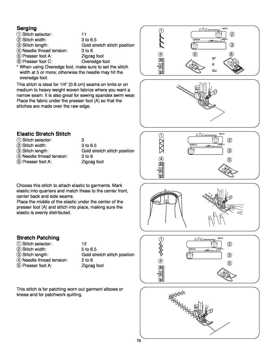 Janome MS-5027 instruction manual Serging, Elastic Stretch Stitch, Stretch Patching 