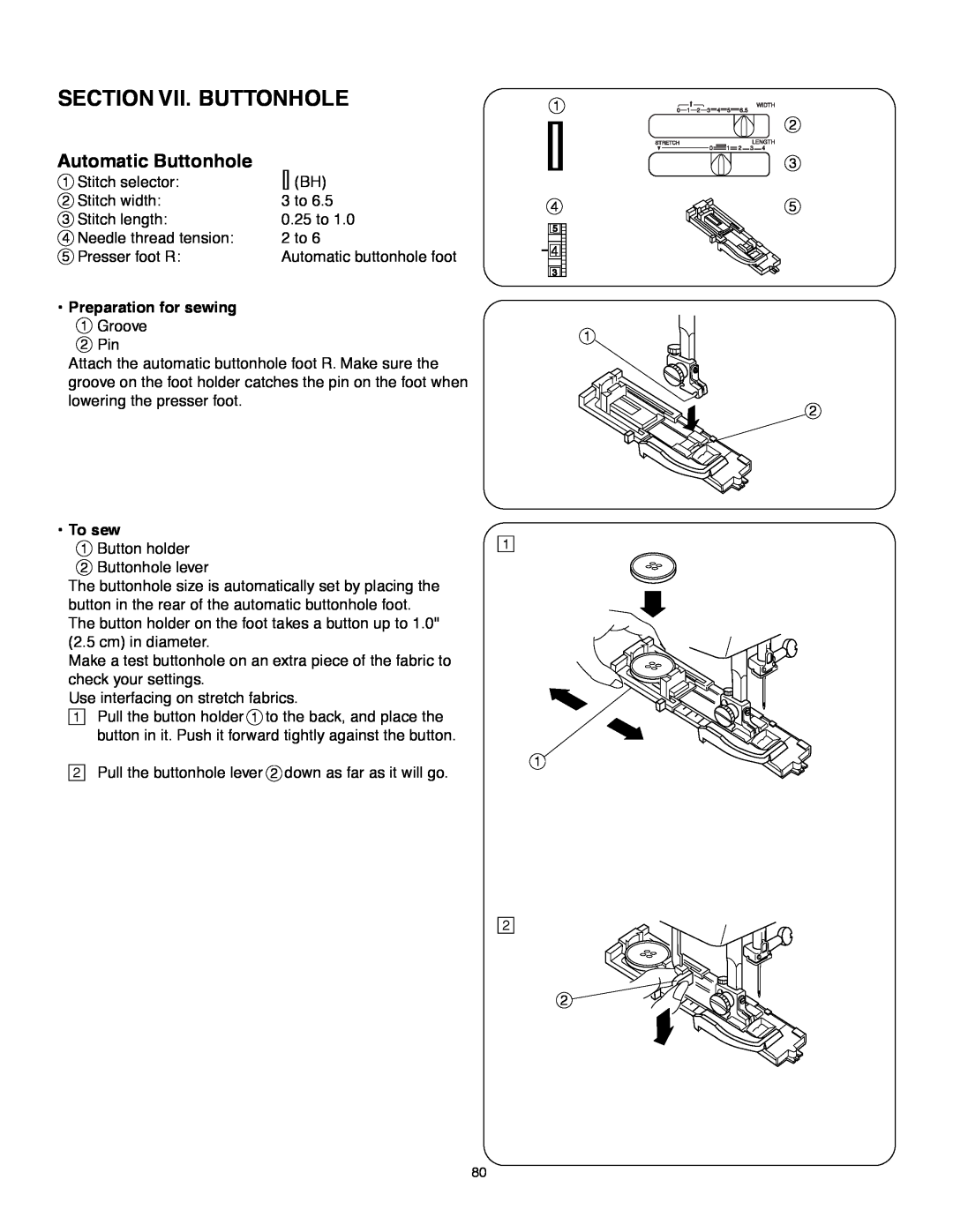 Janome MS-5027 instruction manual Section Vii. Buttonhole, Automatic Buttonhole, Preparation for sewing 1 Groove, To sew 