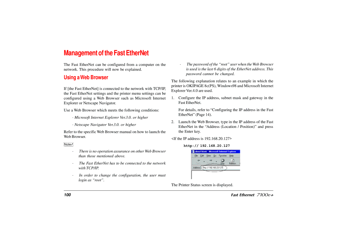 Japan Tiger user manual Using a Web Browser, Fast Ethernet 7100e+ 