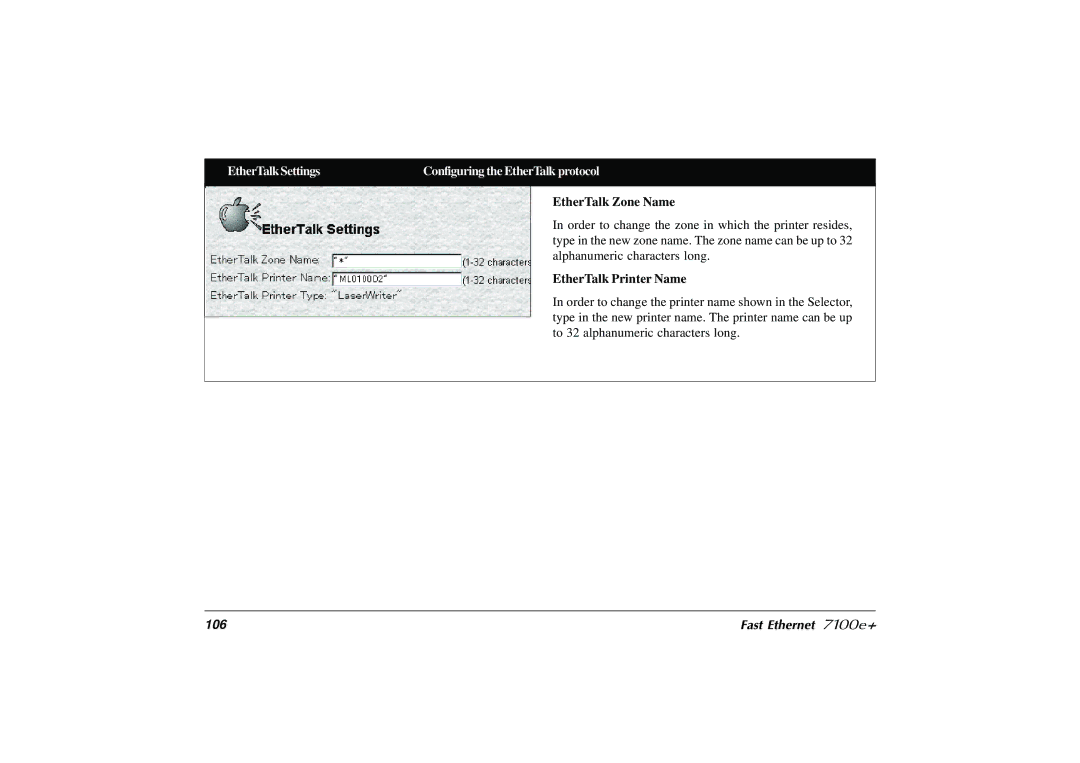 Japan Tiger user manual EtherTalk Settings Configuring the EtherTalk protocol, Fast Ethernet 7100e+ 