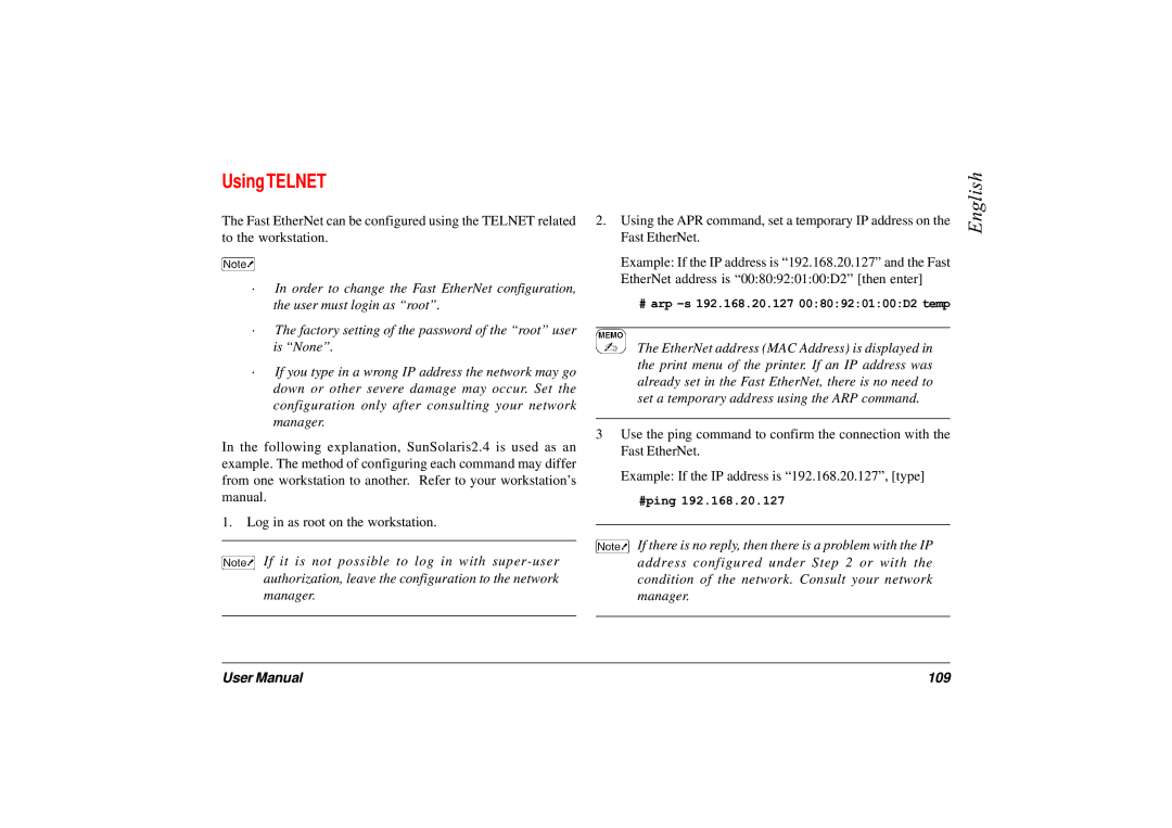 Japan Tiger 7100e+ user manual Using Telnet, 109 