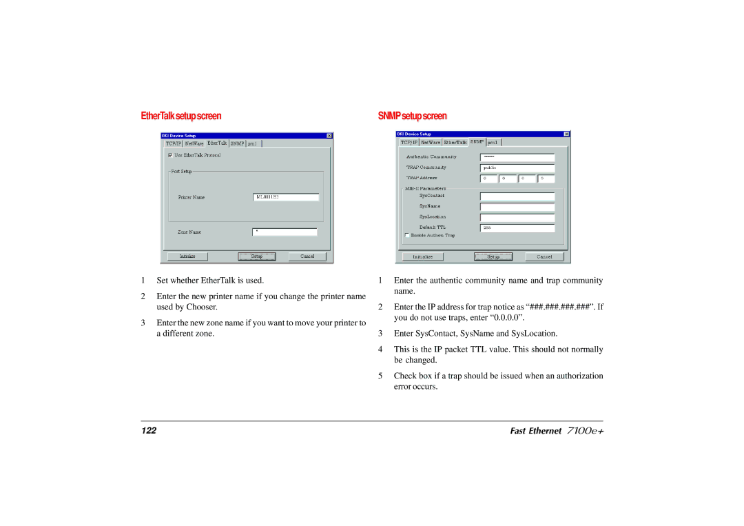 Japan Tiger user manual EtherTalk setup screen, Fast Ethernet 7100e+ 