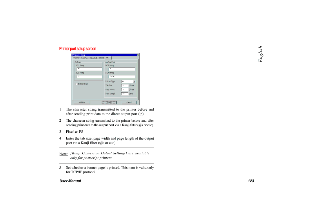 Japan Tiger 7100e+ user manual Printer port setup screen, 123 