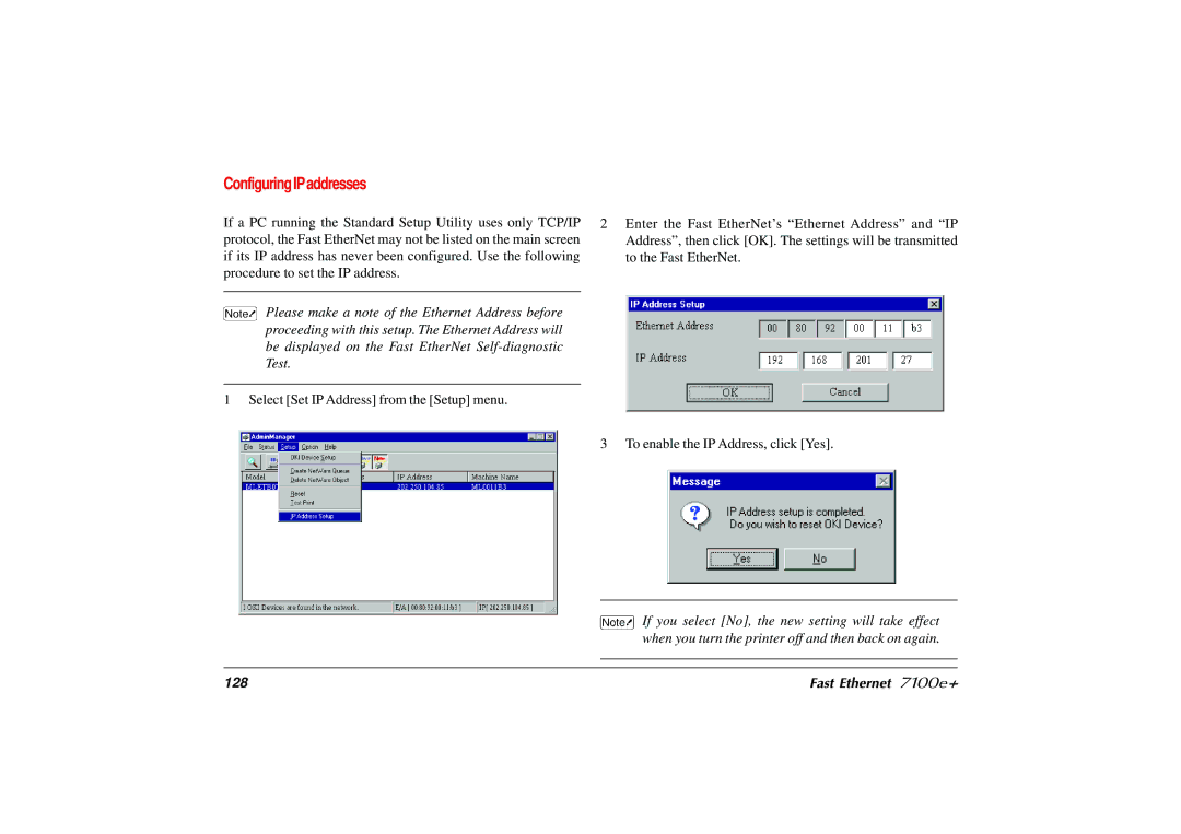 Japan Tiger user manual Configuring IP addresses, Fast Ethernet 7100e+ 