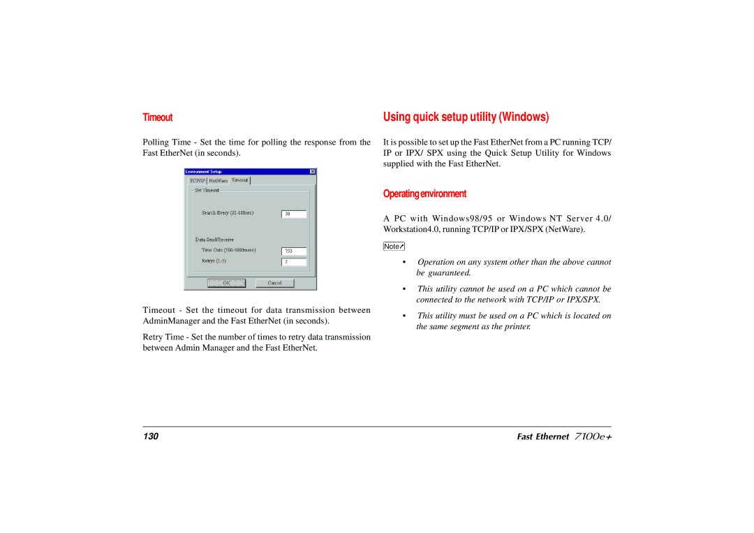 Japan Tiger user manual Using quick setup utility Windows, Timeout, Fast Ethernet 7100e+ 