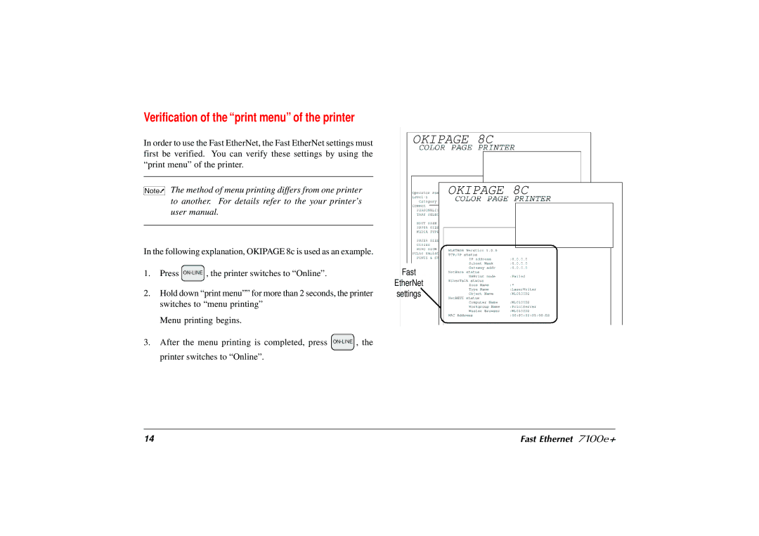 Japan Tiger 7100e+ user manual Okipage 8C, Verification of the print menu of the printer 