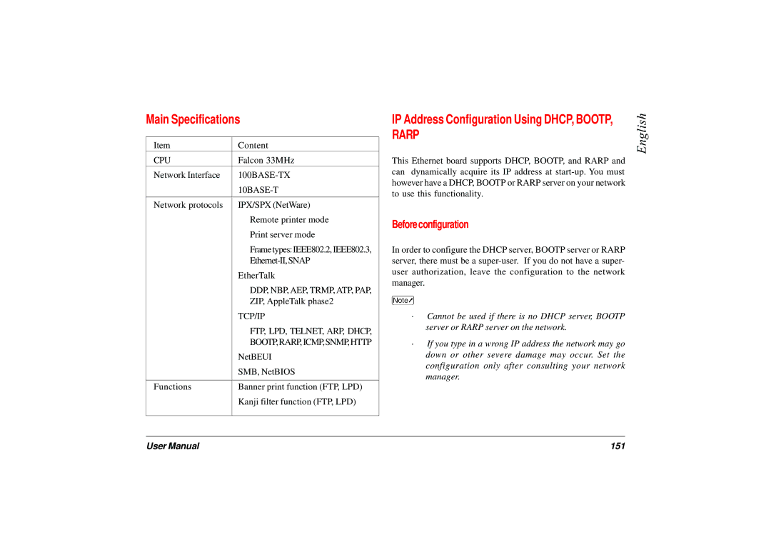 Japan Tiger 7100e+ user manual Main Specifications, IP Address Configuration Using DHCP, Bootp, Before configuration, 151 