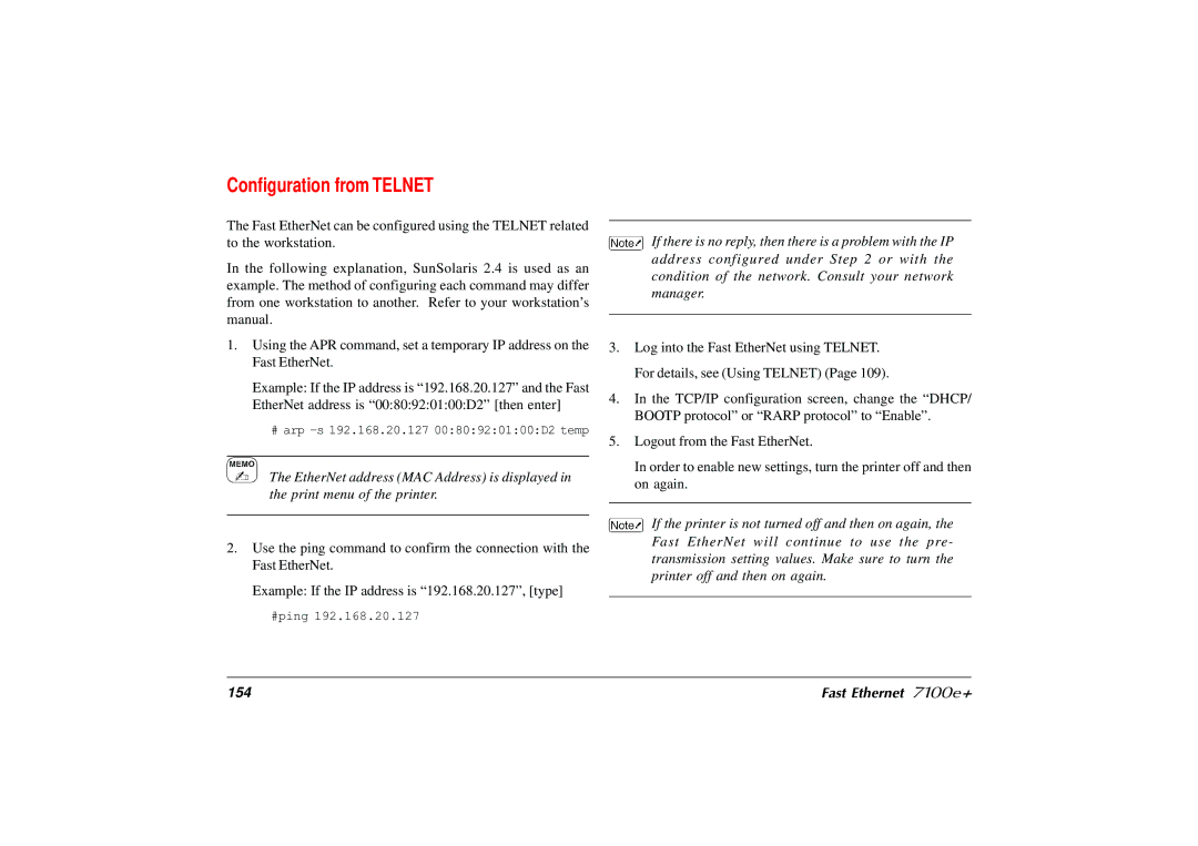 Japan Tiger user manual Configuration from Telnet, Fast Ethernet 7100e+ 