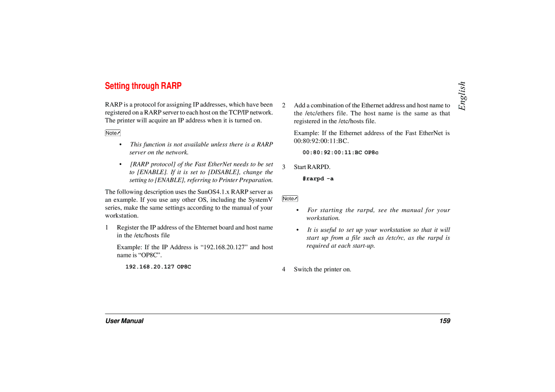 Japan Tiger 7100e+ user manual Setting through Rarp, 159 