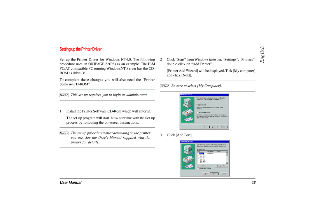 Japan Tiger 7100e+ user manual Setting up the Printer Driver, This set-up requires you to login as administrator 