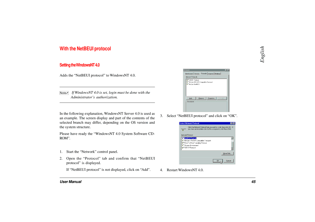 Japan Tiger 7100e+ user manual With the NetBEUI protocol, Setting theWindowsNT 