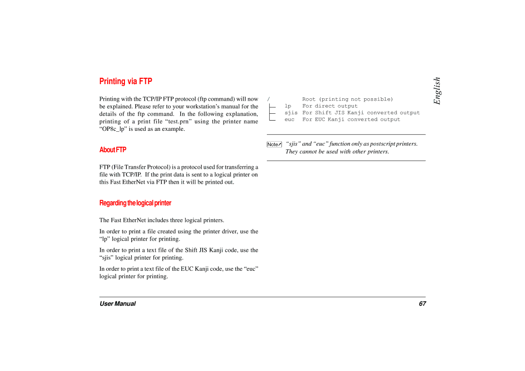 Japan Tiger 7100e+ user manual Printing via FTP, About FTP, Regarding the logical printer 