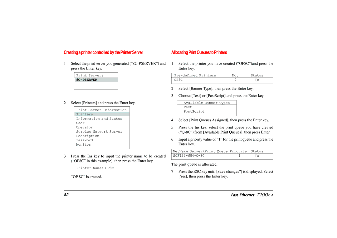 Japan Tiger 7100e+ user manual Creating a printer controlled by the Printer Server, Allocating Print Queues to Printers 