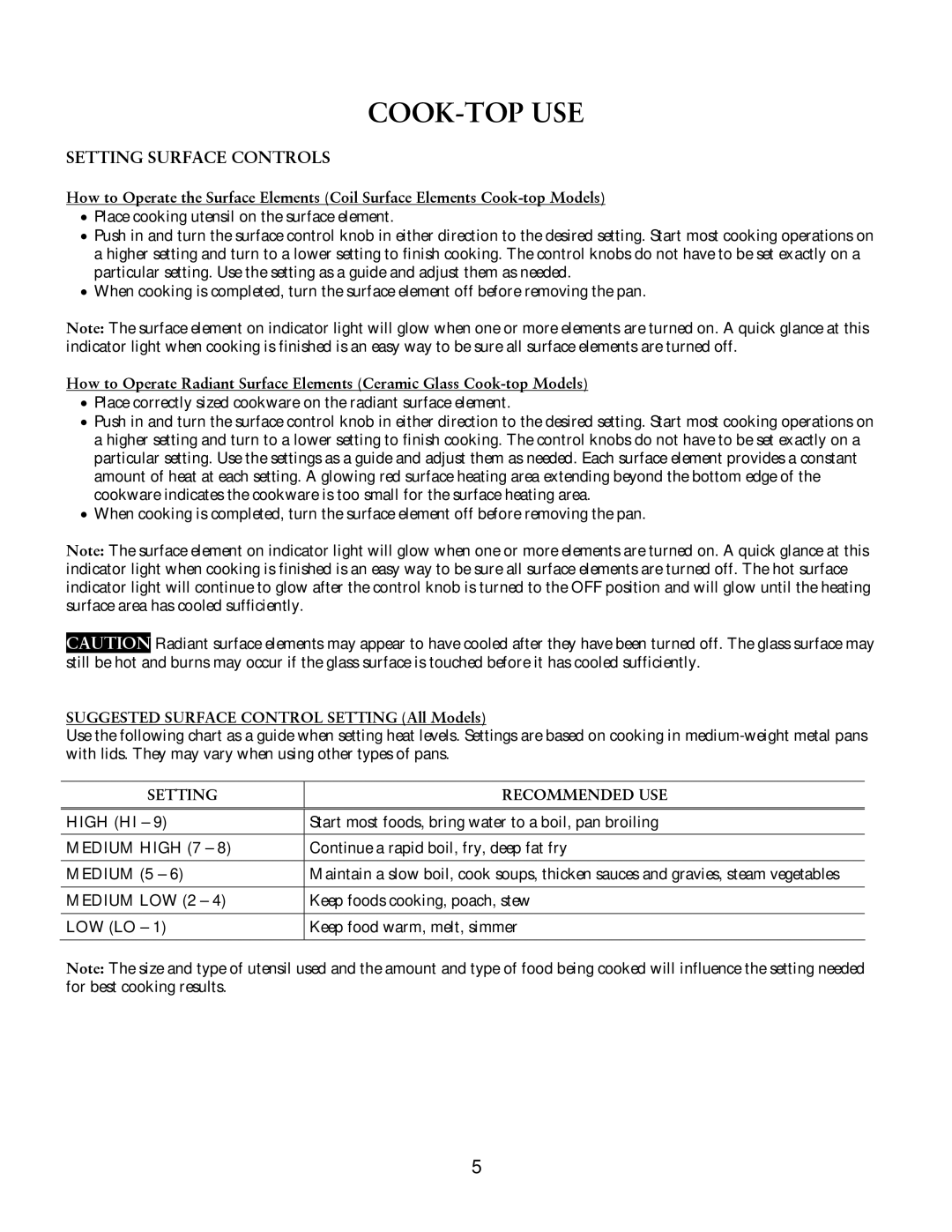 Jarden consumer Solutions Electric and Ceran-Top Ranges Cook-Top Use, Suggested Surface Control Setting All Models 