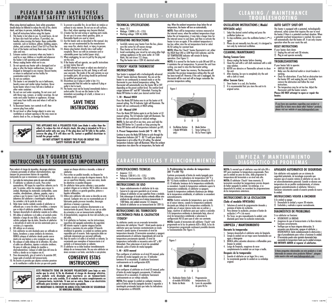 Jarden consumer Solutions HFH5606UM warranty Technical Specifications, Operating Instructions, Cleaning/Maintenance 