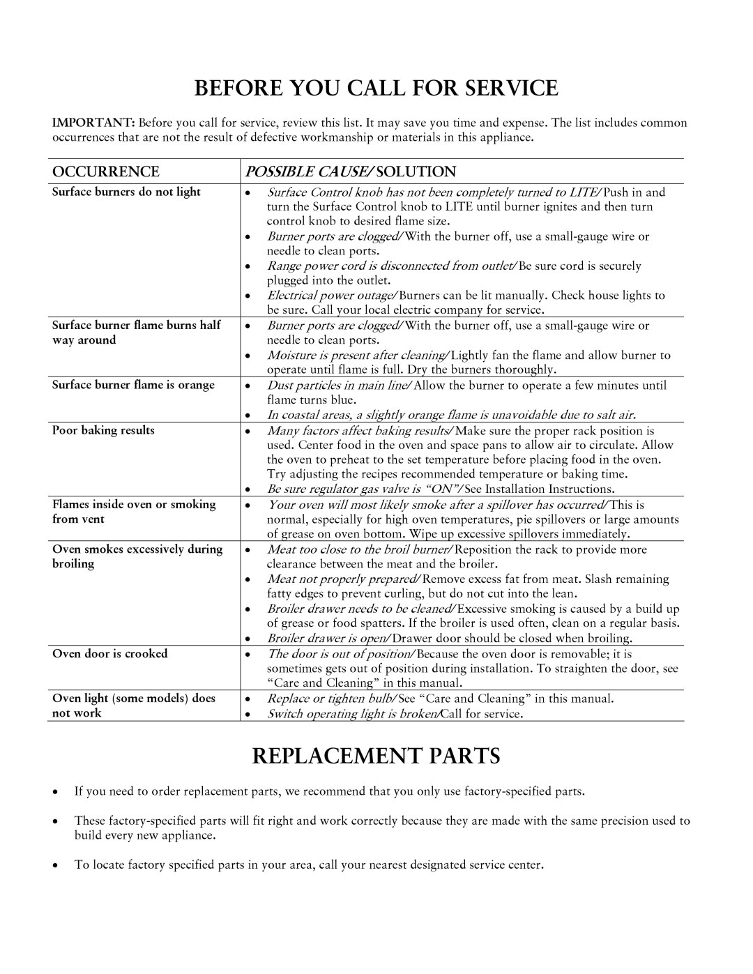 Jarden consumer Solutions Jarden consumer Solutions user manual Before YOU Call for Service, Replacement Parts 