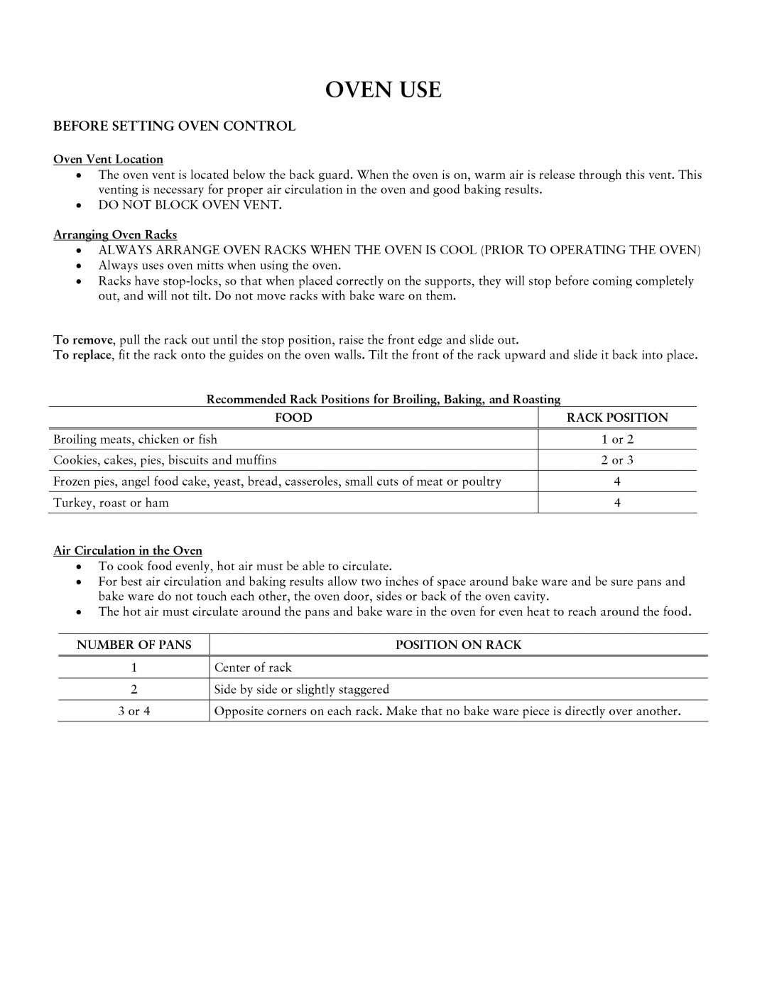 Jarden consumer Solutions Jarden consumer Solutions Oven USE, Food Rack Position, Number of Pans Position on Rack 