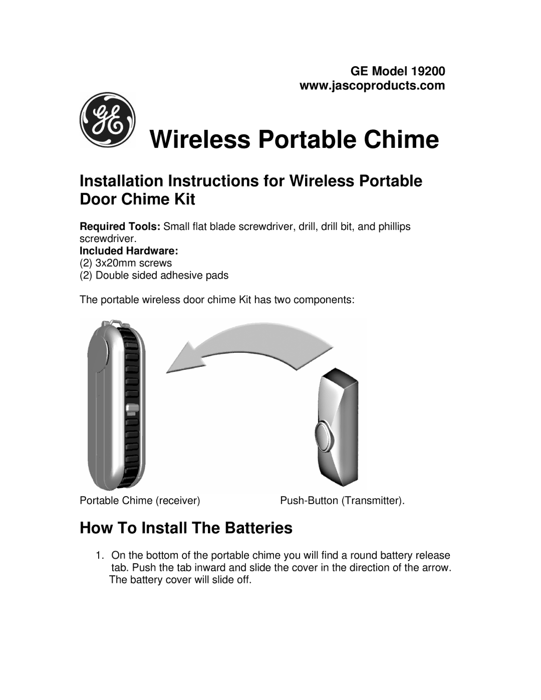 Jasco 19200 installation instructions Wireless Portable Chime, How To Install The Batteries 