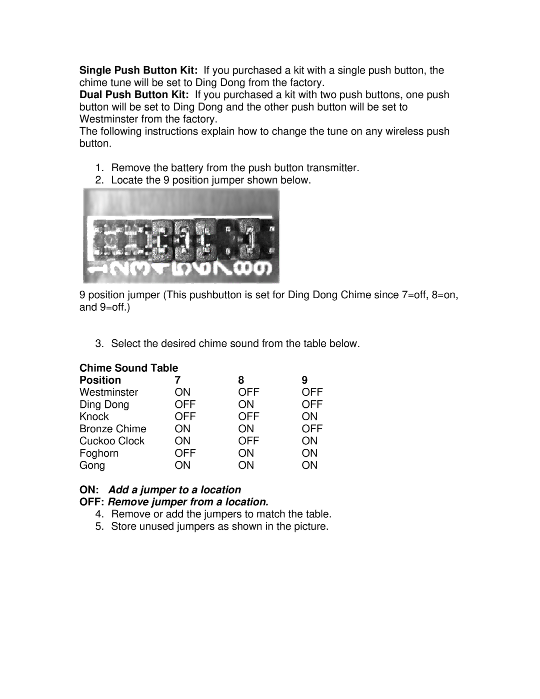 Jasco 19208 installation instructions Chime Sound Table Position 