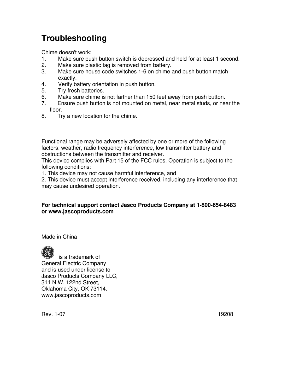 Jasco 19208 installation instructions Troubleshooting 