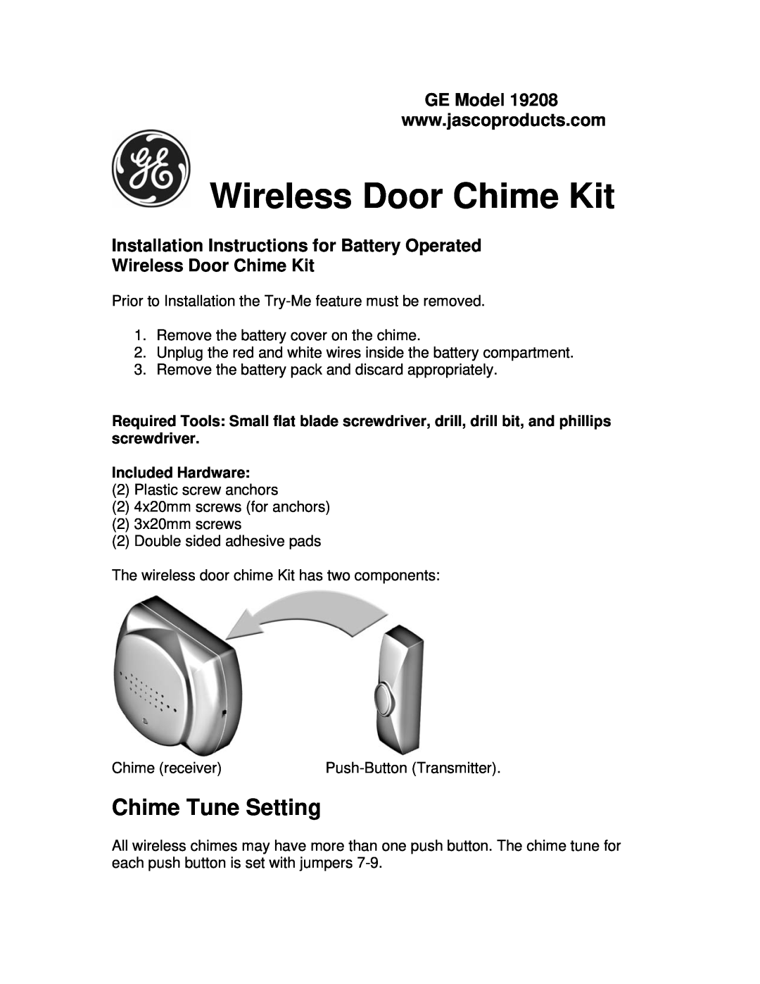 Jasco 19208 installation instructions Chime Tune Setting, Included Hardware, Wireless Door Chime Kit 
