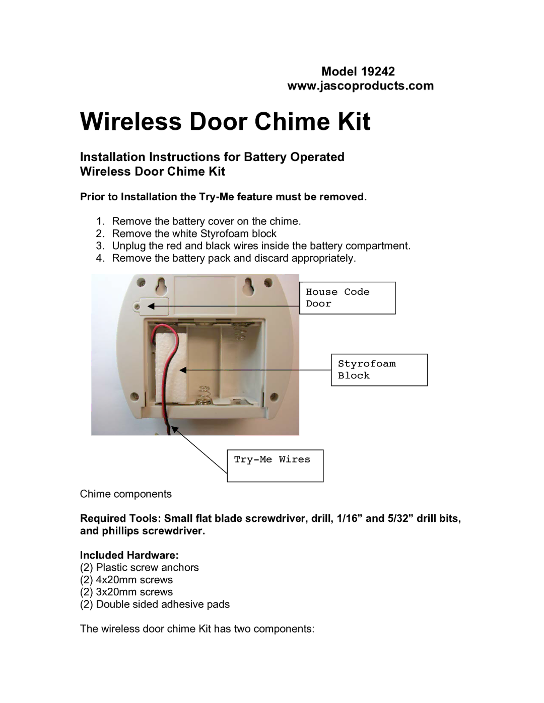 Jasco 19242 installation instructions Wireless Door Chime Kit 