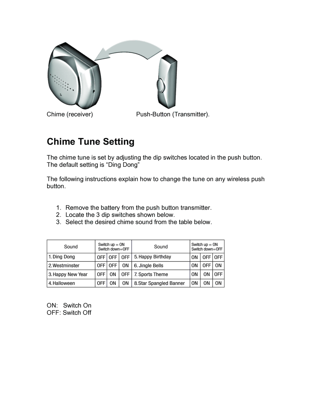 Jasco 19242 installation instructions Chime Tune Setting 