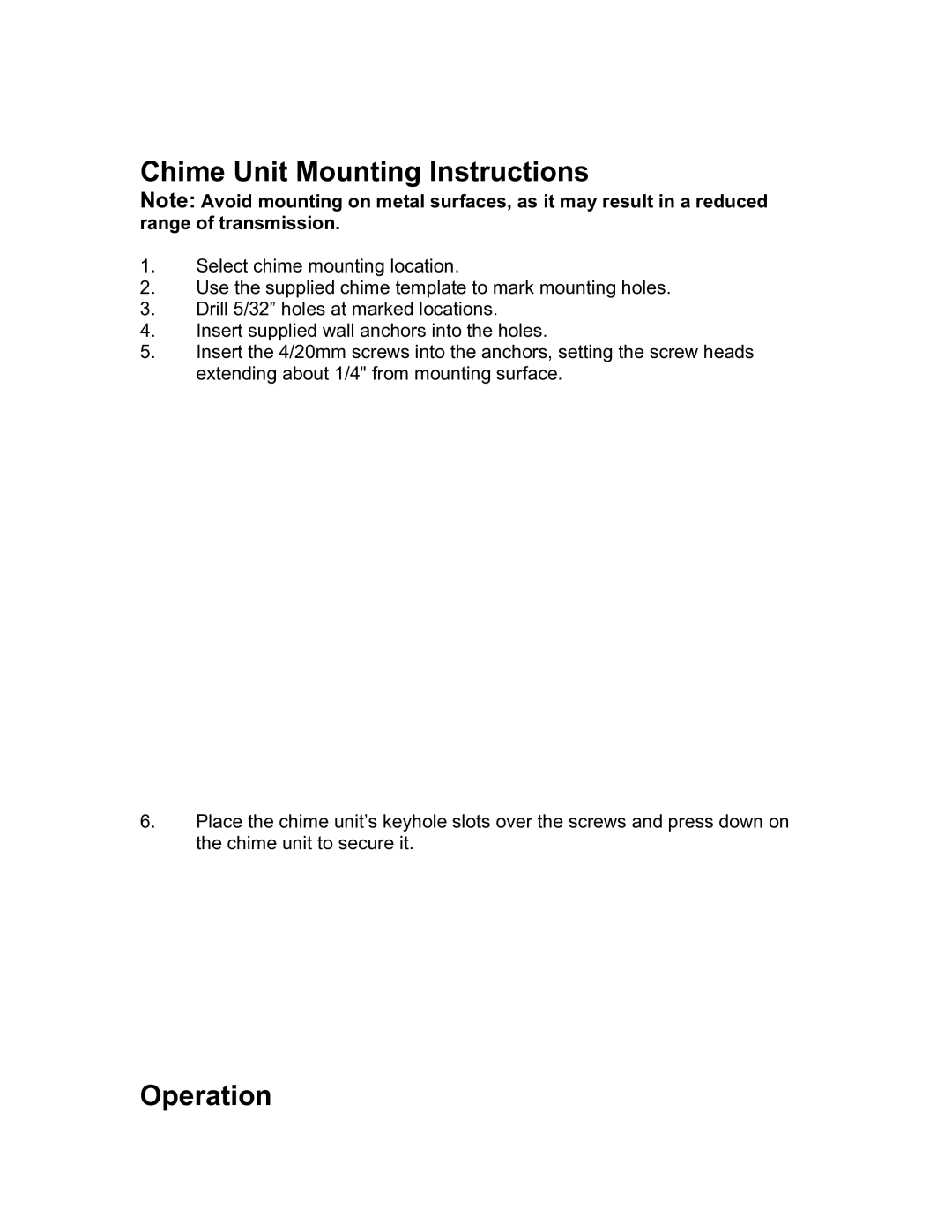 Jasco 19242 installation instructions Chime Unit Mounting Instructions, Operation 