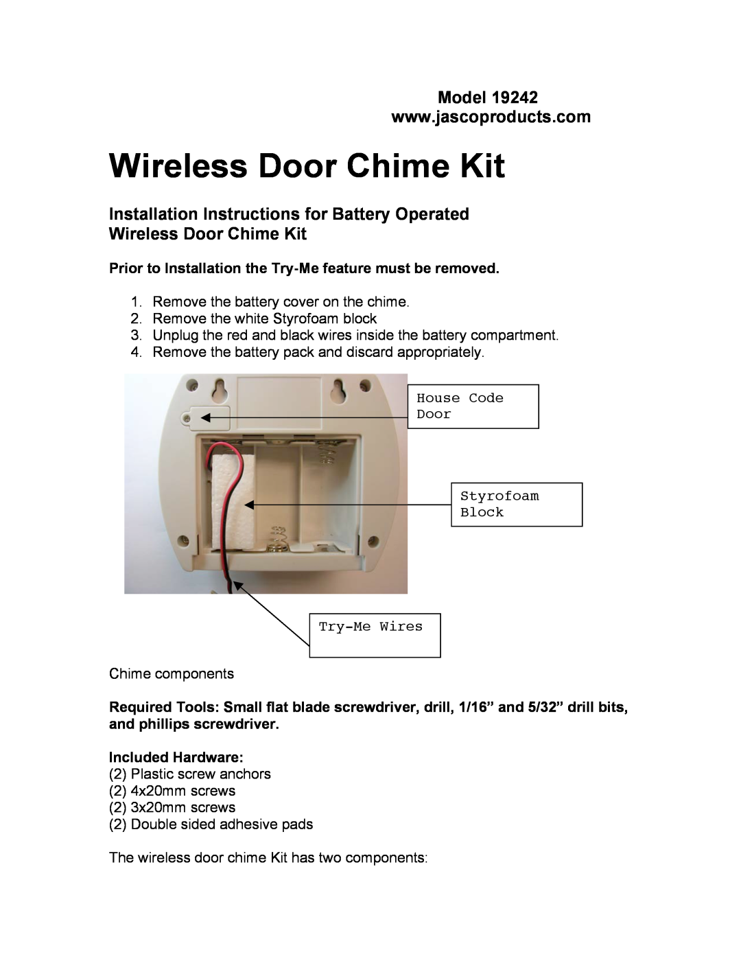 Jasco 19242 installation instructions Wireless Door Chime Kit, Installation Instructions for Battery Operated 